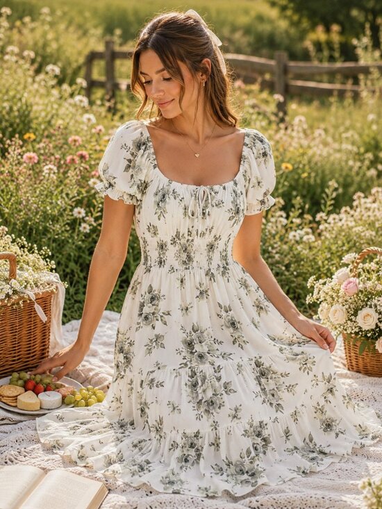 Lily Morgan Dresses & Skirts - Lily Morgan Women’s Cottagecore Floral Midi Dress S Smocked Puff Sleeve Prairie